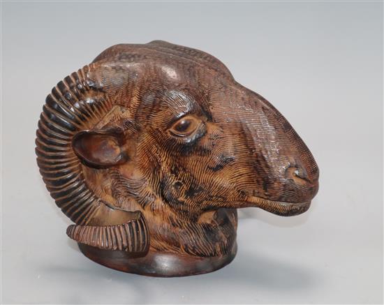 A bronze rams head depth 14cm